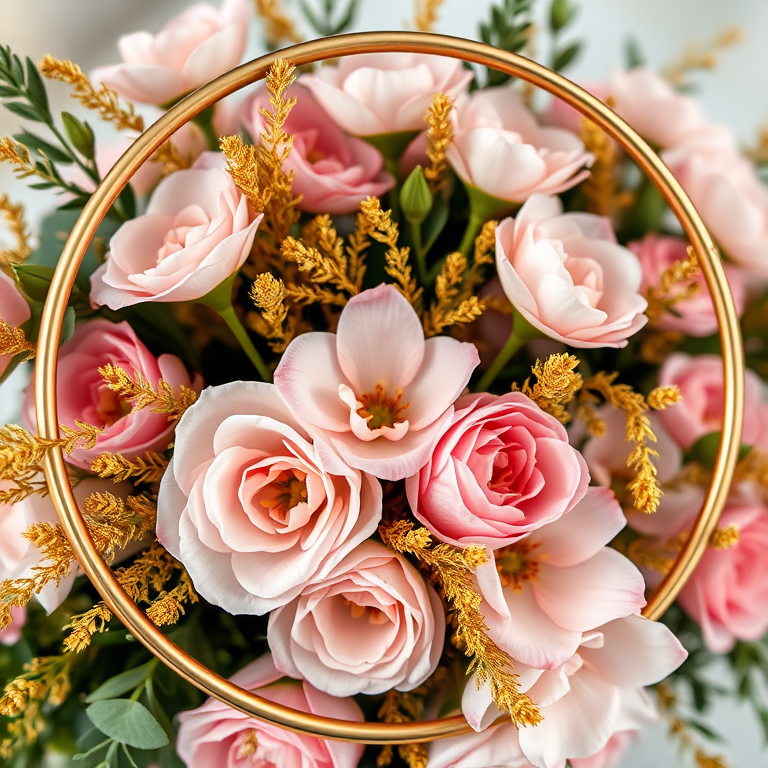 floral arrangement with a circular gold frame, soft pink and white flowers with golden foliage, high resolution, 50mm lens, f/2.8 aperture, natural light, macro photography, DSLR camera