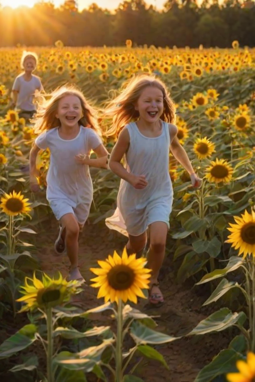 Blurry action shot of children running through a sunflower field, the flowers towering above them, golden light from the setting sun casting long shadows, and the sound of joyful laughter.
