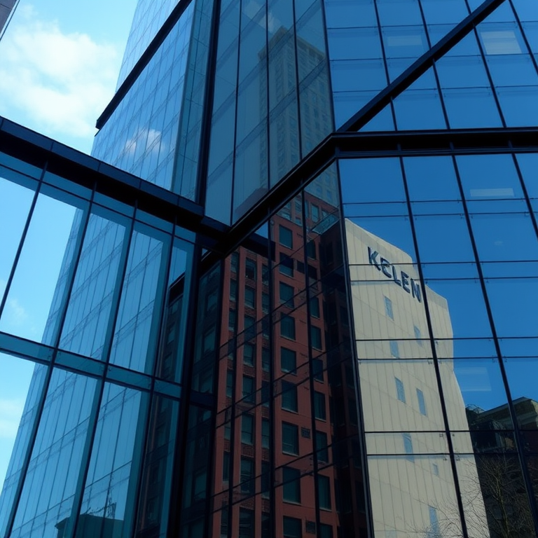 Capture a high-resolution image of a modern glass building reflecting its surroundings, using a DSLR camera, 50mm lens, aperture f/8, shutter speed 1/125s, ISO 100, shot from a low angle with a slight tilt to emphasize the reflection and sky.