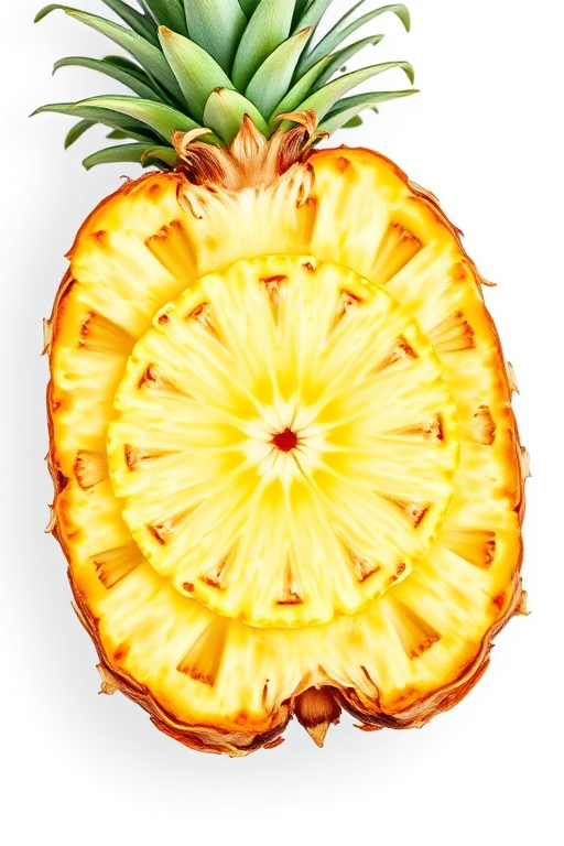 Create a high-resolution image of a fresh pineapple sliced into rings, using a DSLR camera with a 50mm lens, aperture set to f/2.8, ISO 100, and a clear white background to enhance color contrast.