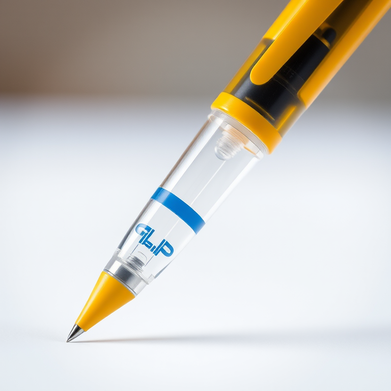 Create a high-resolution image of a transparent pen with a yellow tip and blue accents, using a DSLR camera with a 50mm lens, aperture f/2.8, ISO 100, and a soft focus background to enhance depth of field.