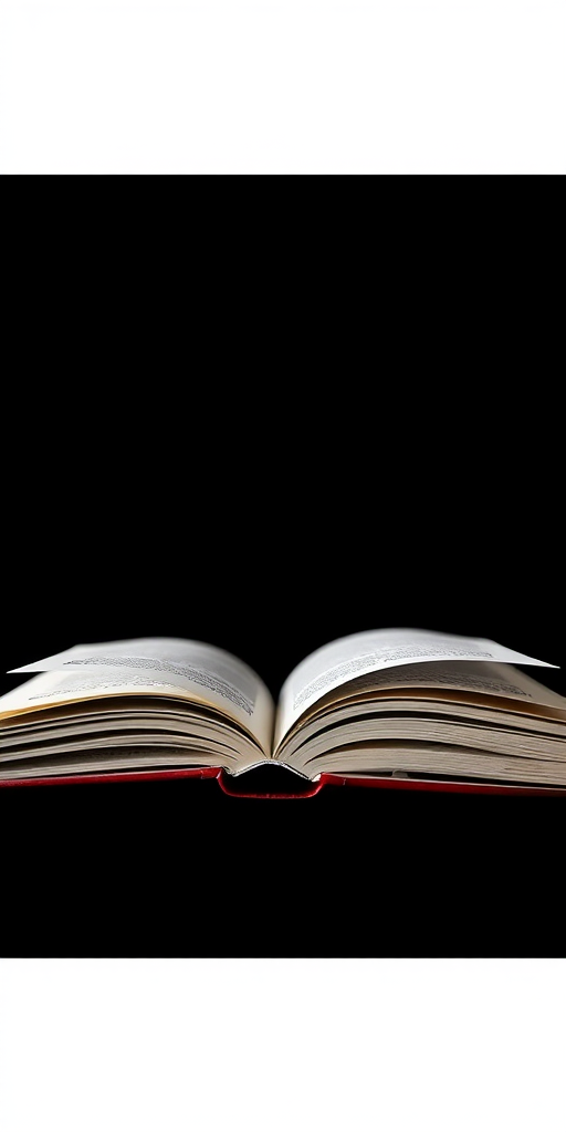 Create a high-resolution illustration of an open book with pages slightly curled, set against a minimalistic black background, using a DSLR camera with a 50mm lens, f/1.8 aperture, ISO 100, and a shallow depth of field to focus on the book while blurring the background for an artistic effect.