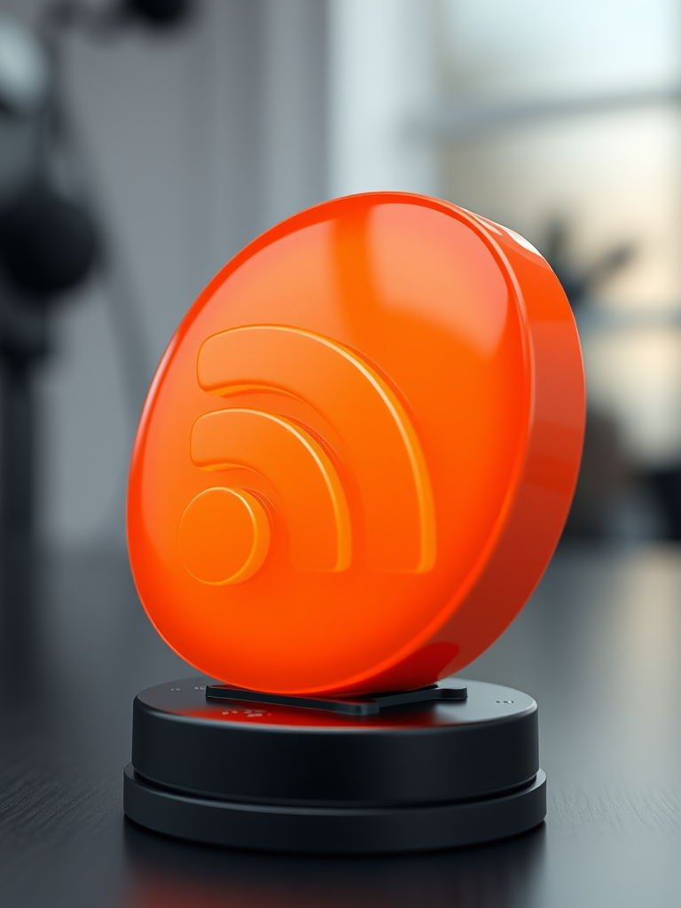 Create a high-resolution image of a bright orange RSS feed icon with a glossy finish, using a Canon EOS 5D Mark IV, 50mm lens, f/1.8 aperture, ISO 100, in a well-lit studio environment.