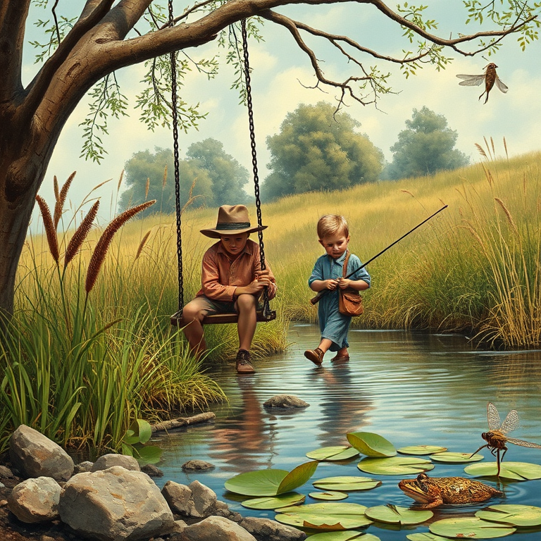 Imagine a small group of old fashioned young boys out fishing by the creek, a swing hanging from a tree branch, reeds and grasses by the water's edge, a frog sitting on a lily pad, dragonflies hovering over som water plans, a very iconic old fashioned scene reminiscent of a Norman Rockwell painting style