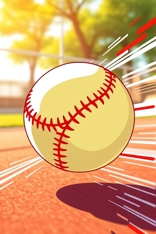 Create a vibrant illustration of a dynamic softball in motion with red stitching and motion lines, using a DSLR camera with a 50mm lens, aperture f/1.8, shutter speed 1/500s, and a slight tilt for emphasis on speed and energy, in a bright outdoor setting.