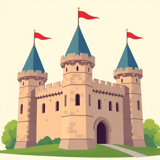 Create an illustration of a medieval castle tower with three turrets, using a flat design style, vibrant colors, and a clean background; camera settings: f/8 aperture, 1/100s shutter speed, ISO 100; camera view: eye level, camera style: digital illustration, camera type: graphic tablet.