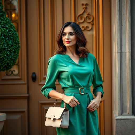A fashionable woman in a green dress with a belt and handbag, standing gracefully by an elegant door, photographed with a DSLR camera at f/1.8 aperture, ISO 100, 50mm lens, natural lighting, high dynamic range, cinematic style.