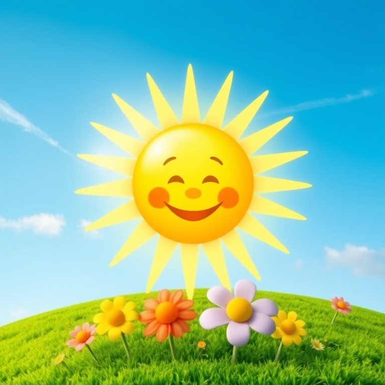 Create an image shows a bright, sun with a smiling baby's face in the center, radiating soft yellow rays. The sun is set against a clear blue sky with a few wispy clouds. Below, there's a lush green grassy hill with colorful, oversized flowers, giving the scene a whimsical, playful atmosphere.