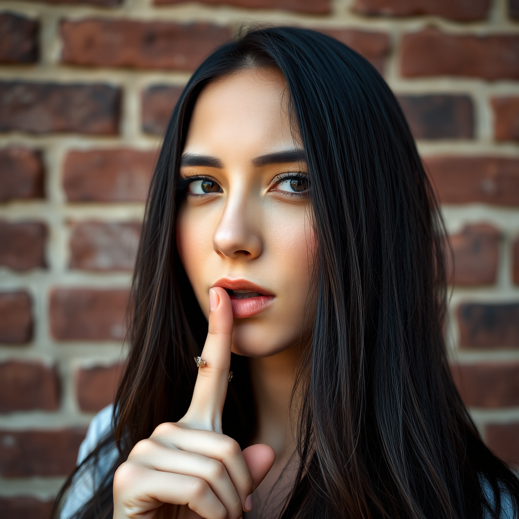Capture a close-up portrait of a woman with long dark hair and a soft expression, holding a finger to her lips in a shushing gesture, against a textured brick wall background, using a 50mm lens, aperture f/1.8 for shallow depth of field, ISO 100, and natural lighting to enhance image quality.