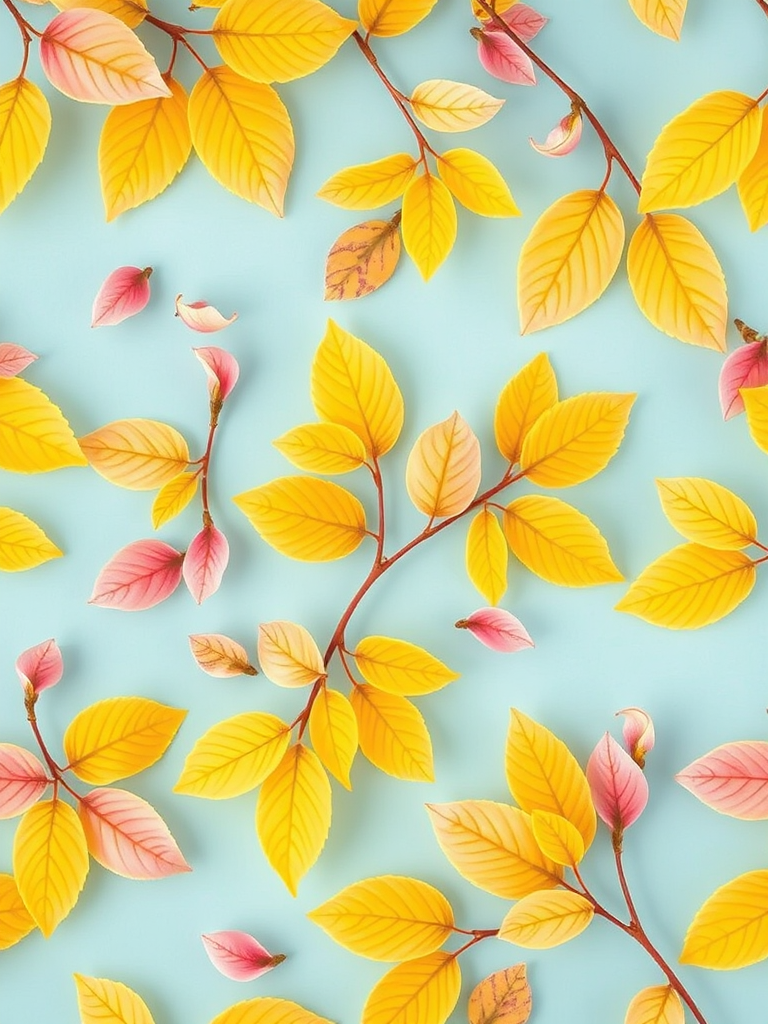 Create a seamless floral pattern with delicate yellow and pink leaves on a soft blue background, captured using a DSLR camera at f/8, ISO 100, 50mm lens, overhead view, in a soft focus style.