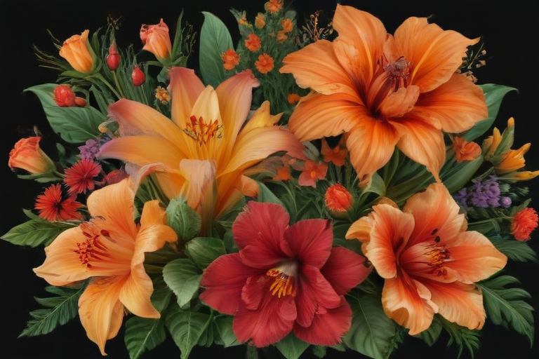 A Vibrant Display of Colorful Tropical Flowers Against a Dark Background.
