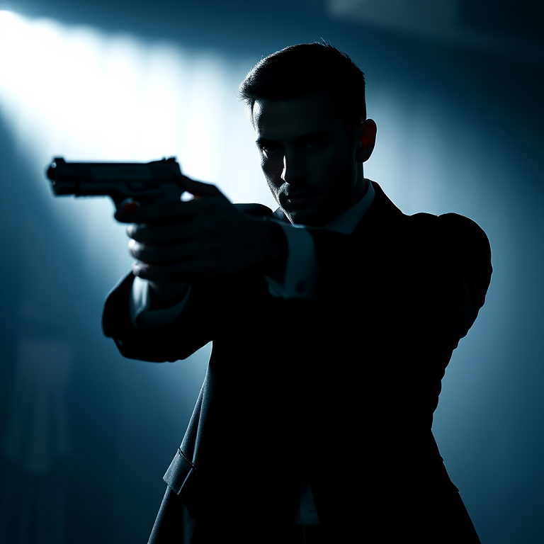 Create an action-themed silhouette of a man in a suit aiming a handgun, shot with a Canon EOS R5 at f/2.8, 1/200s shutter speed, ISO 100, using a shallow depth of field to emphasize the figure against a blurred background.