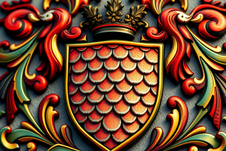 Create a detailed and vibrant illustration of a coat of arms featuring scales, surrounded by ornate decorative elements, captured with a DSLR camera at f/8, 1/125 sec, ISO 100, in a close-up view with soft natural lighting to enhance color depth and texture.