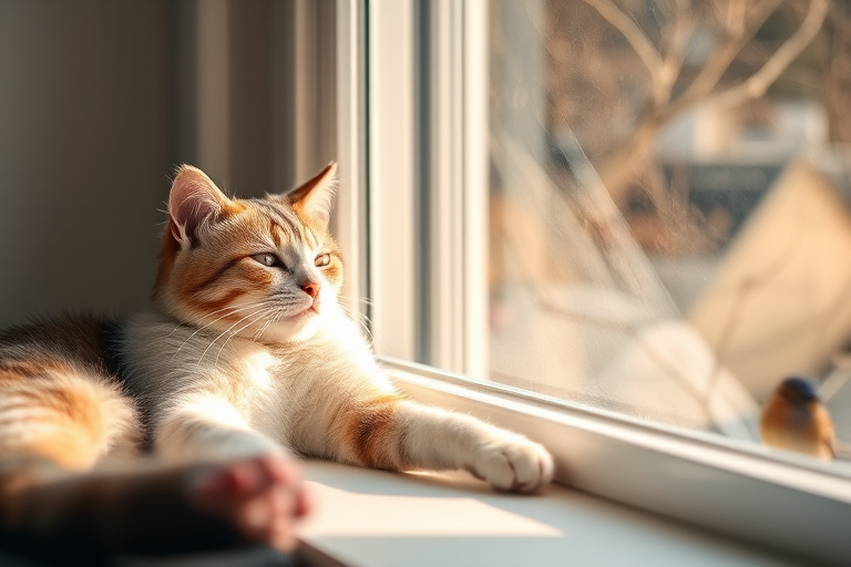 Softly focused photo of a cat lounging on a windowsill, soft sunlight streaming through the window, casting warm shadows on its fur, with the peaceful sound of birds chirping outside.