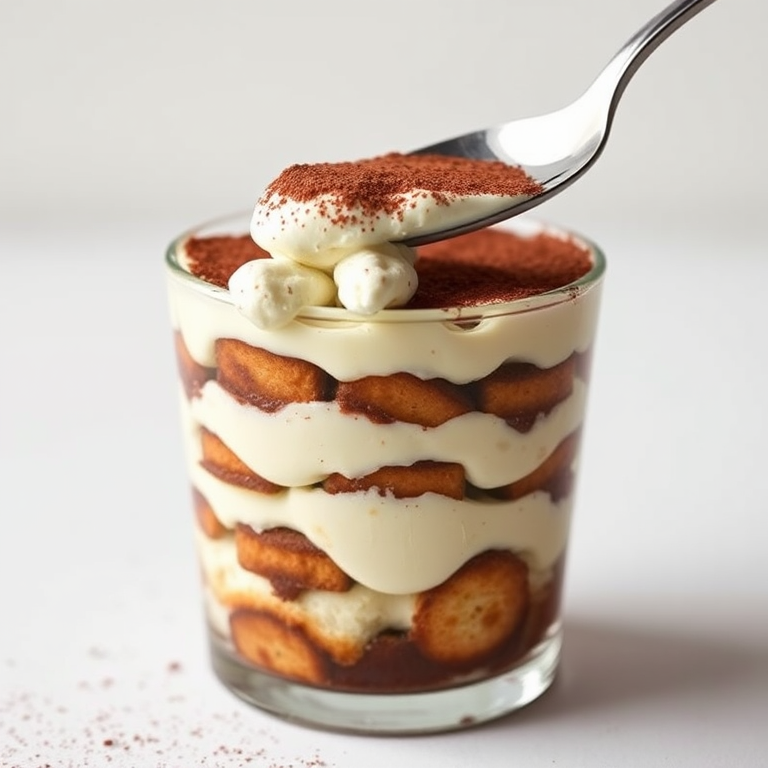 Create an image of a delicious tiramisu dessert in a clear glass. The dessert has layers of creamy mascarpone cheese and coffee-soaked ladyfingers, topped with a dusting of cocoa powder. A spoon is lifting a portion of the dessert, revealing the rich texture and layers inside. The background is minimalistic and light, emphasizing the dessert's appealing appearance.