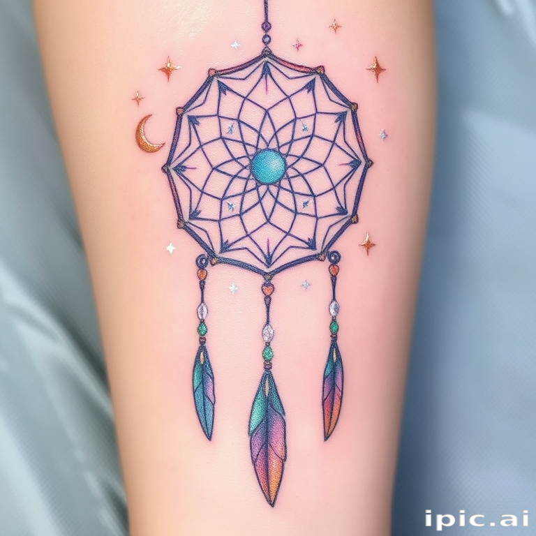 Ethereal "Celestial Dreamcatcher" tattoo features a gossamer-thin web of iridescent lines, adorned with shimmering stars and crescent moons. Soft pastel hues of lavender, mint, and rose gold create a dreamy atmosphere, while subtle white ink highlights add a touch of magic. Dangling feathers and crystals complete this ethereal design, perfect for those seeking a whimsical and enchanting tattoo.