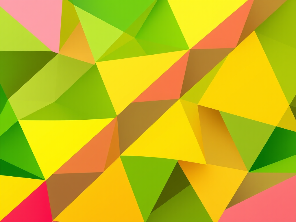 Generate a vibrant abstract geometric background featuring triangular shapes in green, yellow, and pink hues, shot with a wide-angle lens at f/8, ISO 100, 1/125s, using a DSLR camera in a high-resolution style.