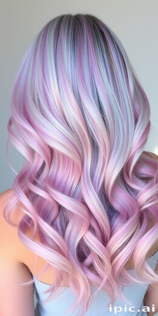 Iridescent opal-inspired hair featuring a blend of pastel hues that shift in the light, styled in mermaid waves for an ethereal "Mystic Prism" effect