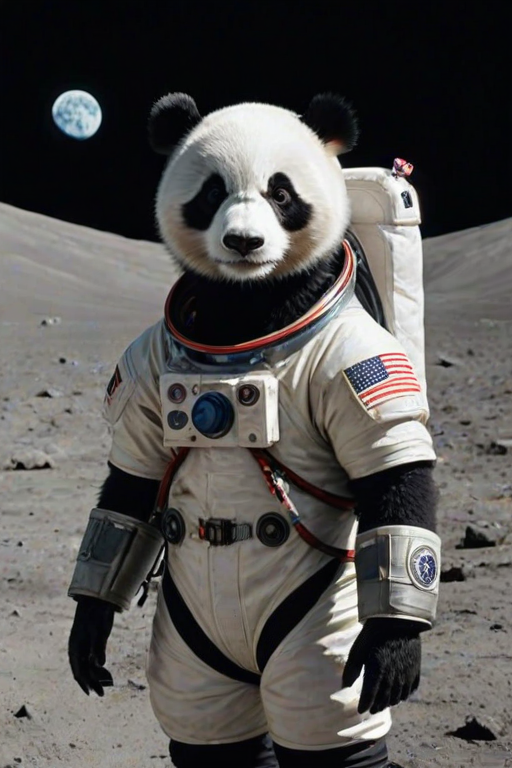 The image is a high-resolution photograph of a teen panda named Huahua, depicted standing on the surface of the moon. Huahua has her distinctive black and white fur, and she is dressed in a sleek, futuristic space suit complete with a helmet and oxygen tank. The suit is detailed with patches and tubing, creating a realistic astronaut look.