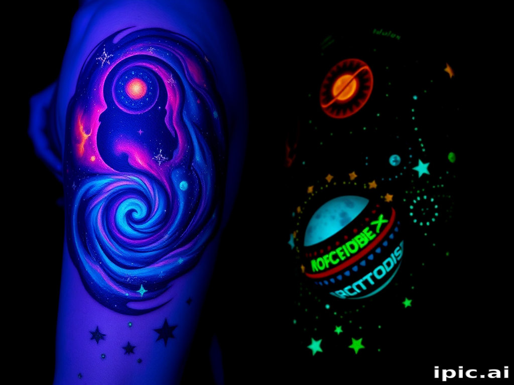 Cosmic galaxy tattoo featuring swirling nebulas, twinkling stars, and vibrant planetary bodies, utilizing UV-reactive ink for a mesmerizing glow-in-the-dark effect under blacklight