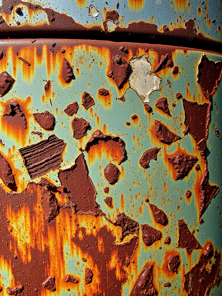 highly detailed close-up of rusty metal surface with peeling paint and texture, natural lighting, captured with a DSLR camera, 50mm lens, f/2.8 aperture, ISO 100, 1/200 sec shutter speed, vibrant colors and high contrast.