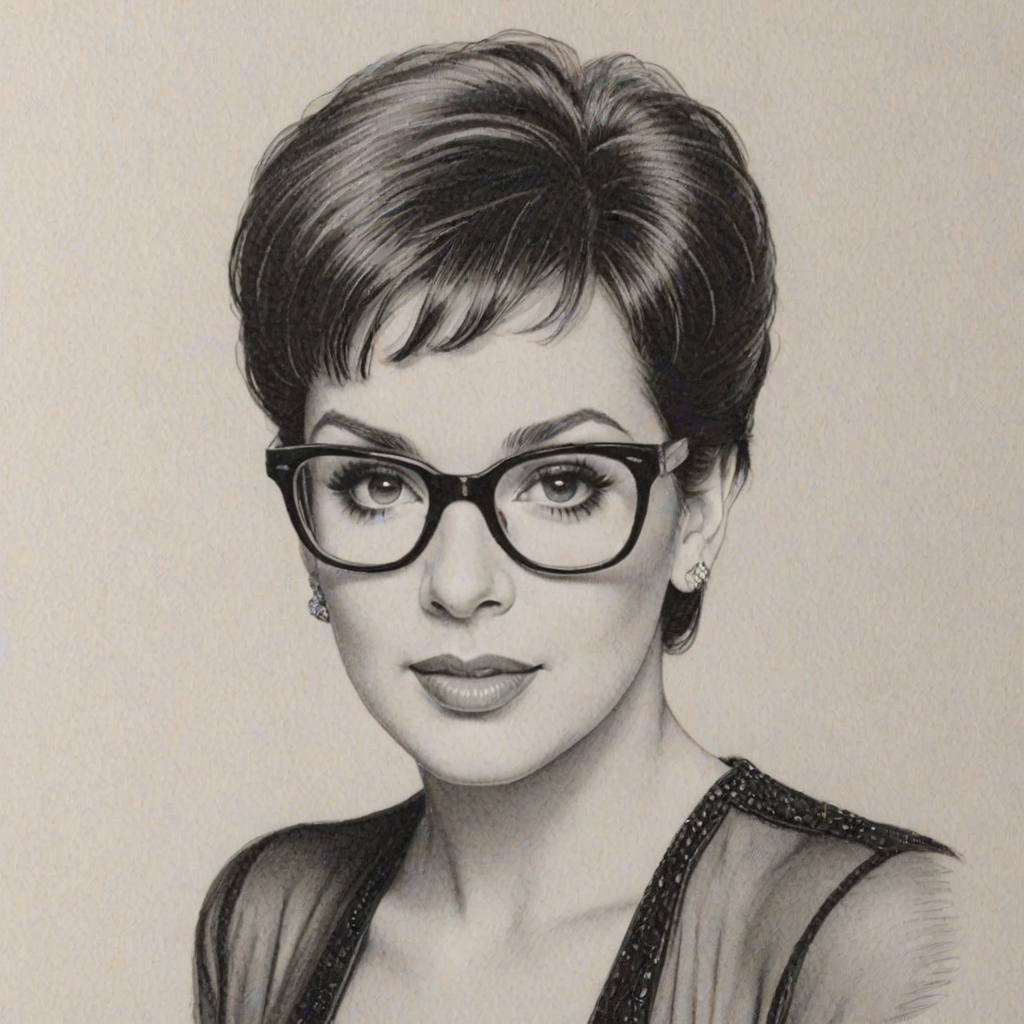 Gorgeous Liza Minnelli, pencil sketch, portrait of Elegant woman 1939s in glasses, hair style beatnik, outline, clear lines, fine lines, 8k