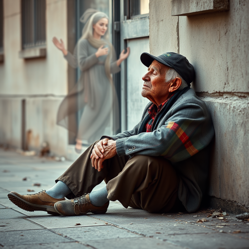 beautifully weathered old homeless veteran sitting on the ground slumping against the wall of a building with his eyes closed. there is an Ethereal, translucent figure of a beautiful elderly woman comforting him
