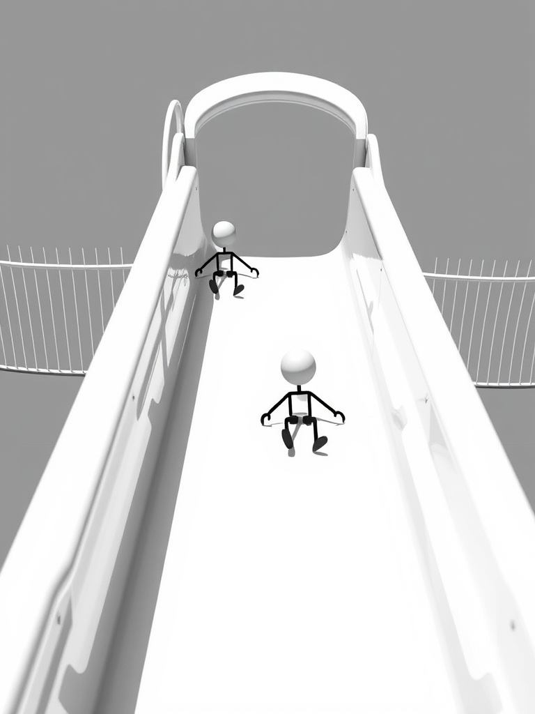 Create a high-contrast vector graphic of a slide with two stick figures, one sitting and the other sliding down, in black and white, using a DSLR camera with a 50mm lens, f/2.8 aperture, ISO 100, and a slight top-down perspective to enhance clarity and detail.