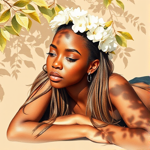 create a watercolor painting of an ethereal portrait of beautiful Igbo woman with a simple white flower crown on her head. Her hair is long and she is lying on the ground. The sunlight on the trees casts shadows from the leaves on her face and body. The background is a neutral brown color that matches her skin tone. The image is minimalist and solid colors. This style is characterized by soft, delicate brushstrokes and a light, airy, contrasting color palette. High level of detail and play of light