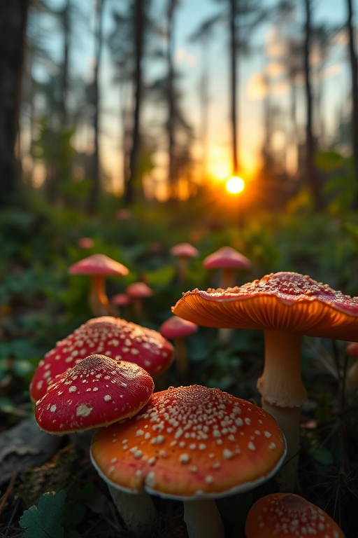 Regenerate a vibrant forest scene featuring large, colorful mushrooms with intricate details under a surreal sunset, captured with a DSLR camera at f/8 aperture, ISO 200, 50mm lens, wide-angle view, using a low angle perspective and a high dynamic range for enhanced color depth.