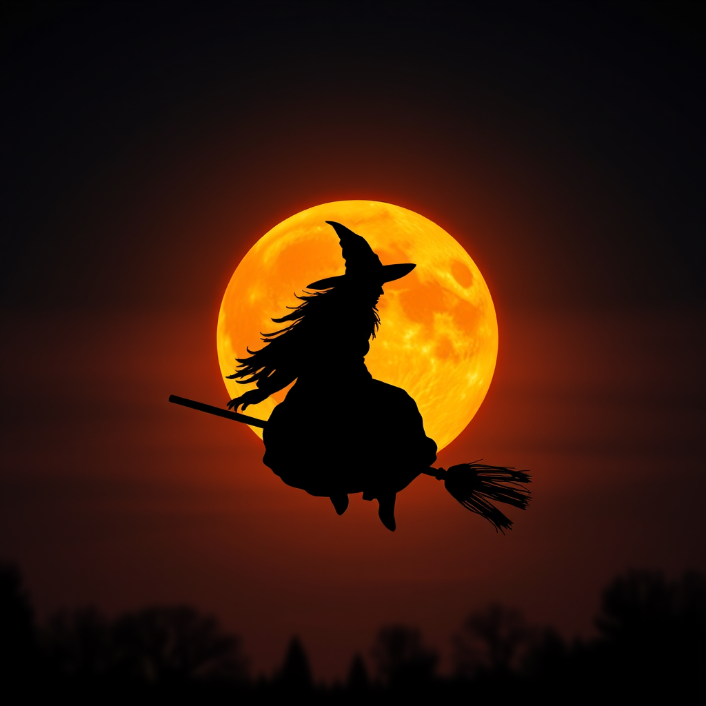 Double exposure, a silouette of a witch on a broomstick centered in the middle of an blood orange full moon.  Any suggestions on getting a good image of a witch on a broomstick centered in the middle of an blood orange full moon.  I tried different generators and changed the wording around.