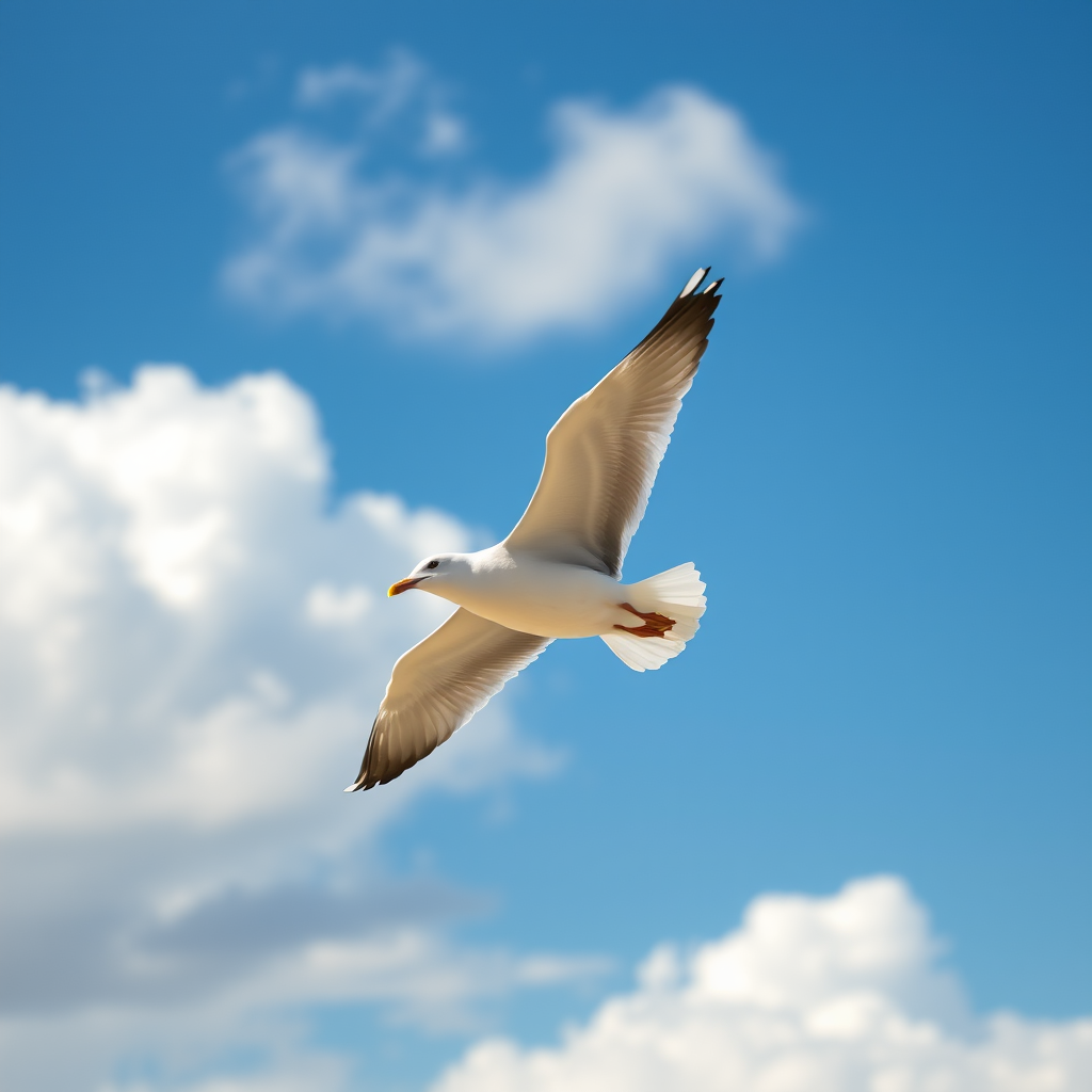 a seagull in mid-flight against a clear blue sky with fluffy clouds, captured with a Canon EOS 5D Mark IV, aperture f/8, ISO 100, shutter speed 1/1000s, using a telephoto lens for enhanced detail and clarity, focusing on the bird in motion