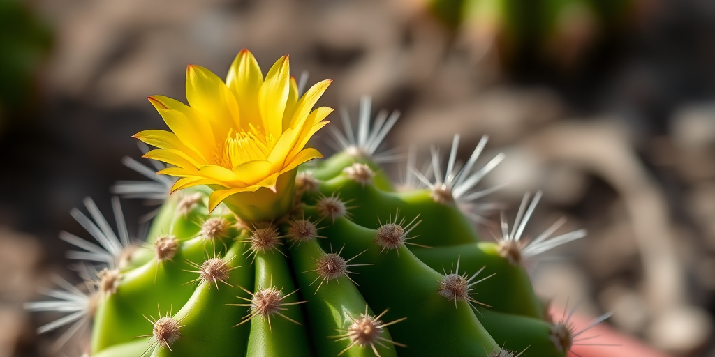 create an image of a vibrant green cactus with a yellow flower blooming on top, shot with a macro lens at f/2.8, 1/200 sec, ISO 100, natural lighting, taken from a low angle to emphasize the flower and texture of the cactus.