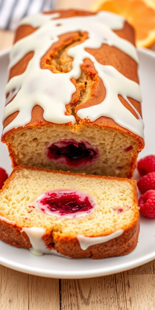 Delicious Raspberry Swirl Loaf Cake with Creamy Icing and Fresh Berries.