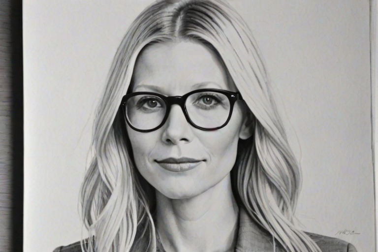 Gorgeous Gwyneth Paltrow, pencil sketch, portrait of Fetching woman 1934s in glasses, hair style beatnik, outline, clear lines, fine lines, 8k