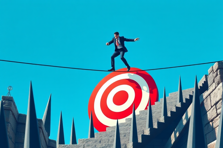 generate an illustration of a businessman balancing on a tightrope over a target, with a bright blue background, foreground features sharp spikes and stairs, use a Canon EOS R5 camera with a 50mm lens, aperture f/4, ISO 100, focus on sharp details and vibrant colors, high dynamic range settings.