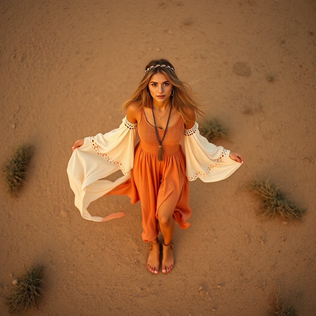 Desert setting, bohemian model, flowy dresses, earthy tones, rustic sunset effect,  equipped with a 12mm lens to capture an overhead view of the model, emphasizing symmetry and spatial positioning