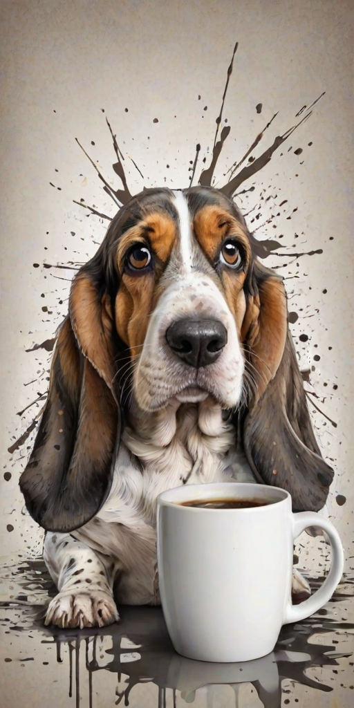 A quirky, artistic illustration of a disheveled basset jack dog breed with exaggerated, large eyes and spiky fur, holding a coffee mug that reads "Good Morning". The dog has a tired but humorous expression, with ink splatters and abstract details surrounding it, giving a whimsical feel to the image. The color palette is mostly monochrome with hints of white in the eyes and steam rising from the mug, enhancing the overall sleepy vibe