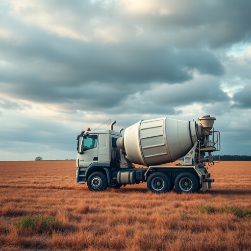 Create an image of a cement mixer truck in a vast field under a cloudy sky, captured with a DSLR camera at f/8 aperture, 1/250s shutter speed, ISO 200, wide-angle lens, and a vibrant color profile for enhanced clarity and details.