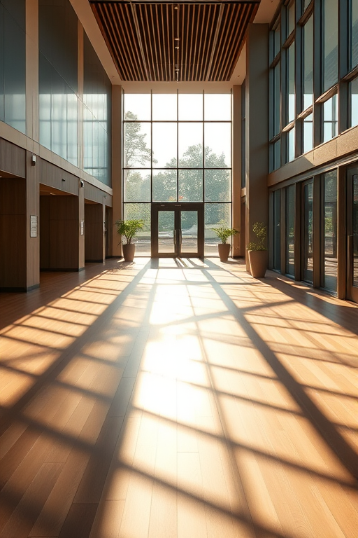 regenerate the interior image of a modern lobby with soft sunlight casting shadows from wooden slats across the floor, captured with a Canon EOS R, 35mm lens, aperture f/2.8, shutter speed 1/60 sec, ISO 400, in a warm color tone and high dynamic range for enhanced quality and depth
