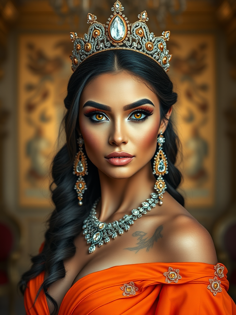 A gorgeous Native American woman in a luxurious orange gown, accessorized with a dazzling tiara and statement earrings, her deep Yellow eyes highlighted by impeccable makeup, poised in a royal setting, photorealistic, 8K quality