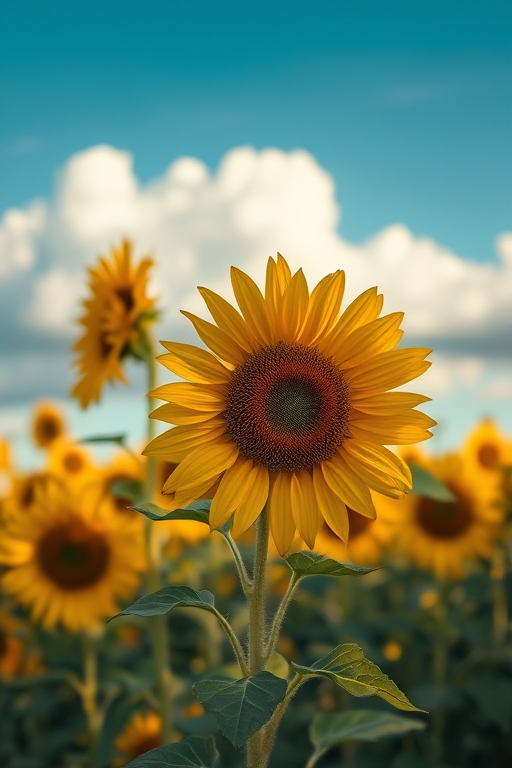 Soft-focus image of a field of sunflowers swaying gently in the breeze, soft golden light illuminating their vibrant petals, and a blue sky with fluffy white clouds overhead.