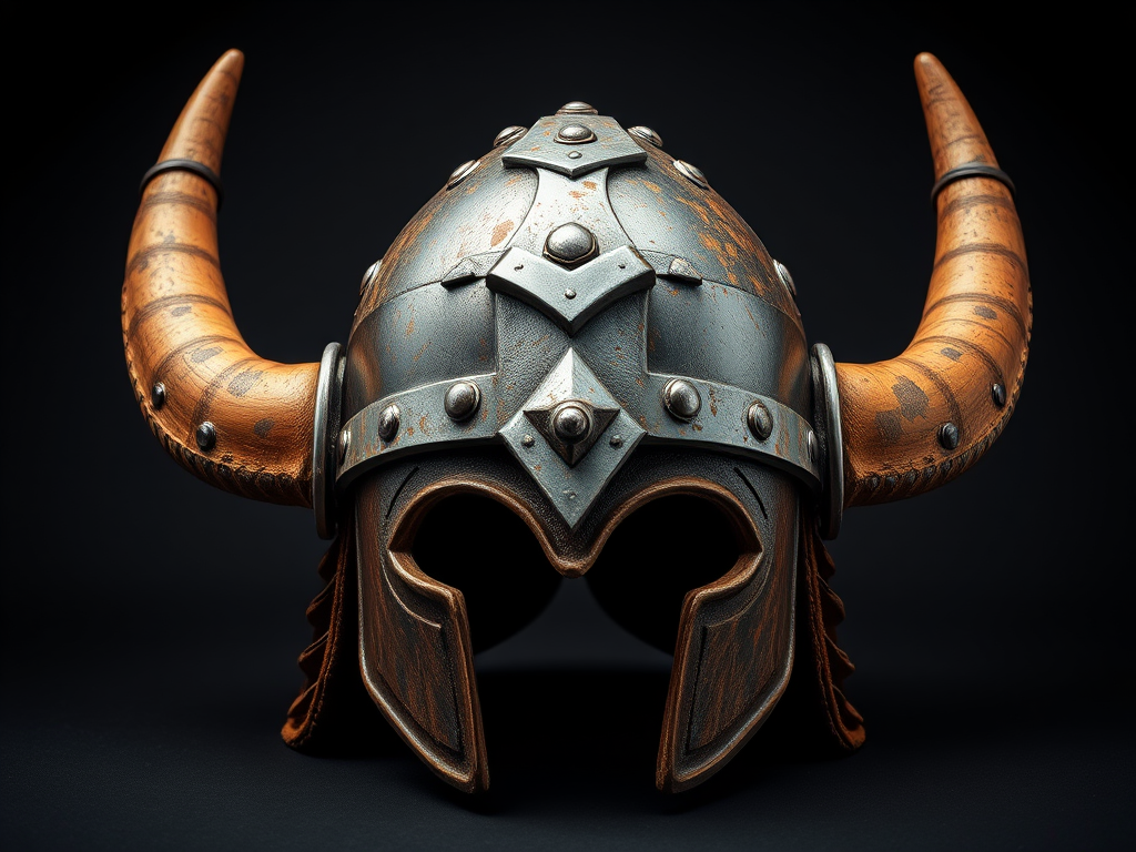 Create a highly detailed image of a Viking horned helmet, front view, using a DSLR camera with a 50mm lens, aperture f/2.8, ISO 100, and a studio lighting setup for optimal clarity and texture enhancement.