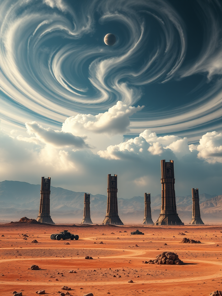 Create a stunning sci-fi landscape featuring desolate towers in a barren terrain under a dramatic sky with swirling clouds and a distant planet, using a Canon EOS 5D Mark IV with a 24-70mm f/2.8 lens, aperture f/8, ISO 100, and a wide-angle view to enhance depth and detail in the foreground and background.