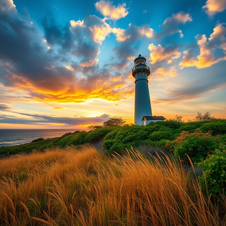 Capture a vibrant landscape featuring a tall lighthouse surrounded by lush greenery and golden grass under a dramatic sky at sunset, with a Canon EOS 5D Mark IV, 24mm lens, f/8 aperture, ISO 100, 1/125 second shutter speed, HDR style, and a wide-angle view.