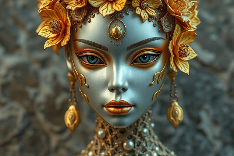 A close-up portrait of a stunning, intricately designed humanoid figure featuring golden floral embellishments and reflective surfaces, set against a textured stone backdrop, taken with a Canon EOS R5 at f/1.8, ISO 100, 1/200s, using a soft-focus lens to enhance detail and depth.