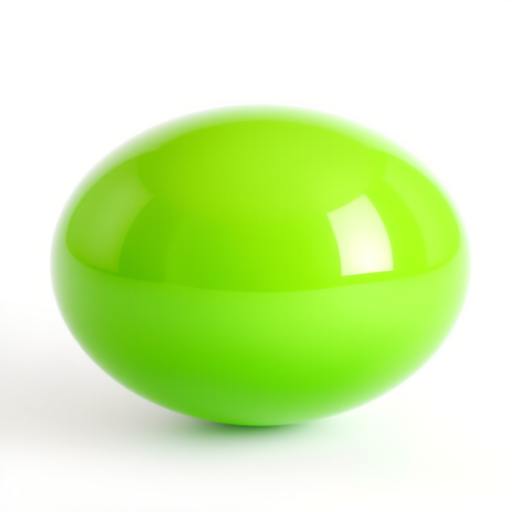 Create a highly detailed 3D render of a shiny green sphere against a white background, using a Canon EOS R5 with a 50mm f/1.2 lens, aperture set to f/8, ISO 100, and a soft focus effect for depth.