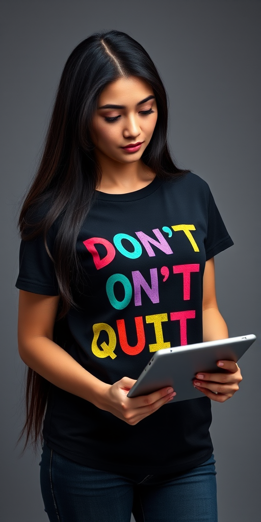 Create an image of a woman with long black hair wearing a black t-shirt with colorful text that says "DON'T QUIT," standing and using a tablet, captured with a Canon EOS R5, 50mm lens, aperture f/1.8, ISO 100, studio lighting, neutral gray background.