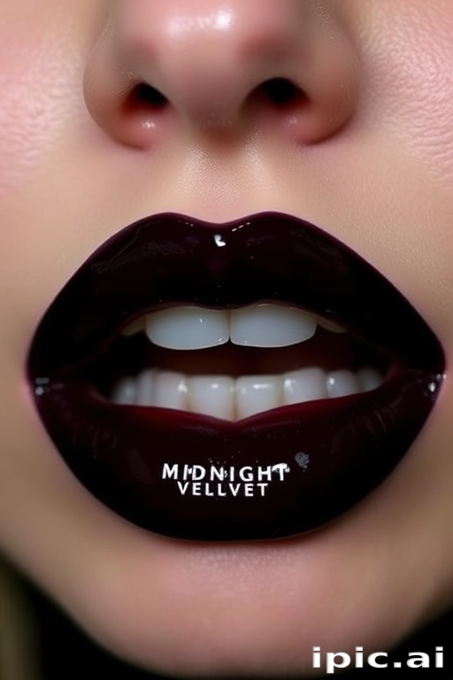 Glossy black cherry lips dubbed "Midnight Velvet" offer a deep, sultry look with a high-shine finish, ideal for gothic and edgy fashion enthusiasts