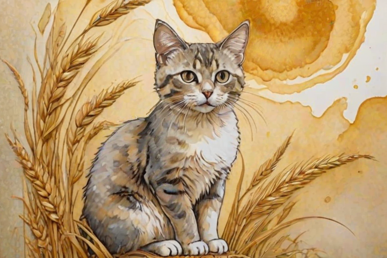 Soft, muted Alcohol Ink with ebru effect background image of tiny whimsical cat, who climbed high on the top of a golden rye ear.